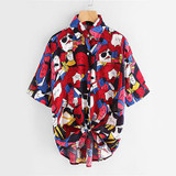 ROMWE Multicolor Printed Shirt Knot Front Cute Casual Blouse 2017 Women Dip Hem Summer Tops Pockets Button Up Lapel Hi-Lo Blouse
