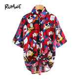 ROMWE Multicolor Printed Shirt Knot Front Cute Casual Blouse 2017 Women Dip Hem Summer Tops Pockets Button Up Lapel Hi-Lo Blouse