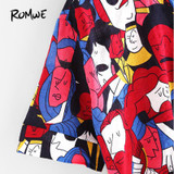 ROMWE Multicolor Printed Shirt Knot Front Cute Casual Blouse 2017 Women Dip Hem Summer Tops Pockets Button Up Lapel Hi-Lo Blouse