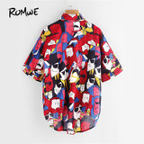 ROMWE Multicolor Printed Shirt Knot Front Cute Casual Blouse 2017 Women Dip Hem Summer Tops Pockets Button Up Lapel Hi-Lo Blouse