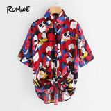 ROMWE Multicolor Printed Shirt Knot Front Cute Casual Blouse 2017 Women Dip Hem Summer Tops Pockets Button Up Lapel Hi-Lo Blouse