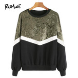 ROMWE Mixed Media Color Block Sweatshirt 2017 Pullovers Women Drop Shoulder Casual Autumn Tops O Neck Cotton Winter Sweatshirt
