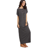ROMWE Long Shift Dresses For Women Summer Ladies Heather Grey Round Neck Short Batwing Sleeve Casual T-shirt Maxi Dress