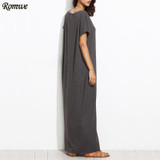 ROMWE Long Shift Dresses For Women Summer Ladies Heather Grey Round Neck Short Batwing Sleeve Casual T-shirt Maxi Dress