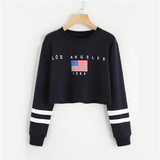 ROMWE Letter American Flag Print Varsity Striped Crop Black Sweatshirt Spring Fall Women O-Neck Long Sleeve Casual Sweatshirt