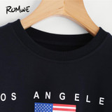 ROMWE Letter American Flag Print Varsity Striped Crop Black Sweatshirt Spring Fall Women O-Neck Long Sleeve Casual Sweatshirt