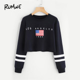 ROMWE Letter American Flag Print Varsity Striped Crop Black Sweatshirt Spring Fall Women O-Neck Long Sleeve Casual Sweatshirt