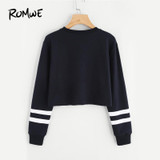 ROMWE Letter American Flag Print Varsity Striped Crop Black Sweatshirt Spring Fall Women O-Neck Long Sleeve Casual Sweatshirt