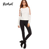 ROMWE Hollow Out Sleeve Embroidered Sweatshirt Long Sleeve Autumn Pullover 2018 Cold Shoulder Round Neck Sweatshirt