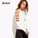 ROMWE Hollow Out Sleeve Embroidered Sweatshirt Long Sleeve Autumn Pullover 2017 Cold Shoulder Round Neck Sweatshirt
