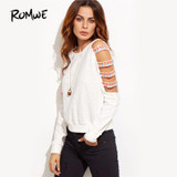 ROMWE Hollow Out Sleeve Embroidered Sweatshirt Long Sleeve Autumn Pullover 2017 Cold Shoulder Round Neck Sweatshirt
