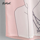ROMWE Girl Print Chiffon Shirt Cute Button Up Cuffed Blouse Women Pink Summer Tops 2017 Fashion Casual Cap Sleeve Lapel Blouse