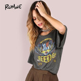 ROMWE Freedom Graphic Print Crop Top CHARCOAL Tee 2018 Grey Rock Women Summer Tops Fashion Short Sleeve Stretchy Casual T-shirt