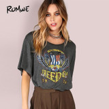 ROMWE Freedom Graphic Print Crop Top CHARCOAL Tee 2018 Grey Rock Women Summer Tops Fashion Short Sleeve Stretchy Casual T-shirt