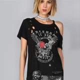 ROMWE Freedom Burn Out Tee Shirt 2018 Black Floral Halloween Cold Shoulder Female Top Round Neck Short Sleeve T Shirt