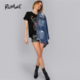 ROMWE Freedom Burn Out Tee Shirt 2018 Black Floral Halloween Cold Shoulder Female Top Round Neck Short Sleeve T Shirt