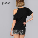 ROMWE Freedom Burn Out Tee Shirt 2018 Black Floral Halloween Cold Shoulder Female Top Round Neck Short Sleeve T Shirt
