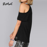 ROMWE Freedom Burn Out Tee Shirt 2018 Black Floral Halloween Cold Shoulder Female Top Round Neck Short Sleeve T Shirt