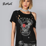 ROMWE Freedom Burn Out Tee Shirt 2018 Black Floral Halloween Cold Shoulder Female Top Round Neck Short Sleeve T Shirt