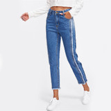 ROMWE Frayed Trim Mid Waist Tapered Jeans Women Blue Casual Denim Cropped Pants 2018 Autumn Zipper Fly Straight Jeans
