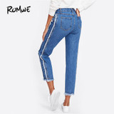 ROMWE Frayed Trim Mid Waist Tapered Jeans Women Blue Casual Denim Cropped Pants 2018 Autumn Zipper Fly Straight Jeans