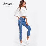 ROMWE Frayed Trim Mid Waist Tapered Jeans Women Blue Casual Denim Cropped Pants 2018 Autumn Zipper Fly Straight Jeans