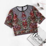 ROMWE Flower Embroidery Mesh Blouse Vintage Sexy Crop Top 2017 Women Semi Sheer Boho Tops Black Short Sleeve Thin Tunic Blouse
