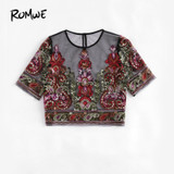 ROMWE Flower Embroidery Mesh Blouse Vintage Sexy Crop Top 2017 Women Semi Sheer Boho Tops Black Short Sleeve Thin Tunic Blouse