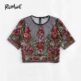 ROMWE Flower Embroidery Mesh Blouse Vintage Sexy Crop Top 2017 Women Semi Sheer Boho Tops Black Short Sleeve Thin Tunic Blouse