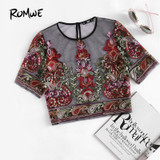 ROMWE Flower Embroidery Mesh Blouse Vintage Sexy Crop Top 2017 Women Semi Sheer Boho Tops Black Short Sleeve Thin Tunic Blouse