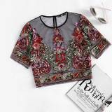 ROMWE Flower Embroidery Mesh Blouse Vintage Sexy Crop Top 2017 Women Semi Sheer Boho Tops Black Short Sleeve Thin Tunic Blouse