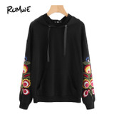 ROMWE Flower Embroidery Boho Hoodies Black Casual Women Pocket Front Hooded Sweatshirt 2017 Fall Drawstring Long Sleeve Hoodies