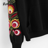 ROMWE Flower Embroidery Boho Hoodies Black Casual Women Pocket Front Hooded Sweatshirt 2017 Fall Drawstring Long Sleeve Hoodies