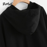 ROMWE Flower Embroidery Boho Hoodies Black Casual Women Pocket Front Hooded Sweatshirt 2017 Fall Drawstring Long Sleeve Hoodies