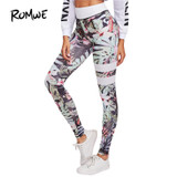 ROMWE Floral Print Striped Fitness Leggings 2017 Women Skinny Workout Casual Legging Fashion New Slim Brief High Waist Leggings