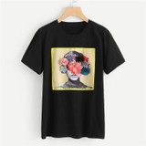 ROMWE Flower Applique Graphic Tee Shirt 2018 New Arrival Summer Round Neck Woman Top Black Short Sleeve Floral Stretchy T-Shirt