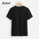 ROMWE Flower Applique Graphic Tee Shirt 2018 New Arrival Summer Round Neck Woman Top Black Short Sleeve Floral Stretchy T-Shirt