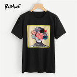 ROMWE Flower Applique Graphic Tee Shirt 2018 New Arrival Summer Round Neck Woman Top Black Short Sleeve Floral Stretchy T-Shirt