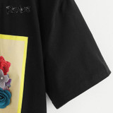 ROMWE Flower Applique Graphic Tee Shirt 2018 New Arrival Summer Round Neck Woman Top Black Short Sleeve Floral Stretchy T-Shirt