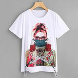 ROMWE Figure Print Pearl Embellished White T-Shirt Women Short Sleeve Summer Tops 2018 Fashion New Female Funny O Neck T-Shirt