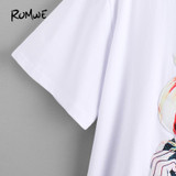ROMWE Figure Print Pearl Embellished White T-Shirt Women Short Sleeve Summer Tops 2018 Fashion New Female Funny O Neck T-Shirt