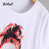 ROMWE Figure Print Pearl Embellished White T-Shirt Women Short Sleeve Summer Tops 2018 Fashion New Female Funny O Neck T-Shirt
