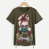ROMWE Figure Print Pearl Embellished Tee 2018 Summer Short Sleeve Lace Up Beaded Woman Top Round Neck Letter Figure T-shirt