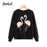 ROMWE Female Faux Fur Flamingo Sweatshirt Autumn Long Sleeve Pullover 2017 Woman Black Round Neck Casual Sweatshirt
