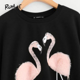 ROMWE Female Faux Fur Flamingo Sweatshirt Autumn Long Sleeve Pullover 2017 Woman Black Round Neck Casual Sweatshirt