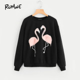 ROMWE Female Faux Fur Flamingo Sweatshirt Autumn Long Sleeve Pullover 2017 Woman Black Round Neck Casual Sweatshirt