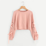ROMWE Eyelet Lace Up Sleeve Crop Sweatshirt Autumn Pink Round Neck Cute Pullovers 2018 Women Long Sleeve Casual Sweatshirt