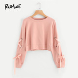 ROMWE Eyelet Lace Up Sleeve Crop Sweatshirt Autumn Pink Round Neck Cute Pullovers 2018 Women Long Sleeve Casual Sweatshirt
