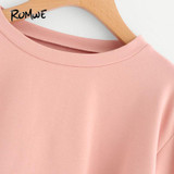 ROMWE Eyelet Lace Up Sleeve Crop Sweatshirt Autumn Pink Round Neck Cute Pullovers 2018 Women Long Sleeve Casual Sweatshirt
