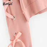 ROMWE Eyelet Lace Up Sleeve Crop Sweatshirt Autumn Pink Round Neck Cute Pullovers 2018 Women Long Sleeve Casual Sweatshirt